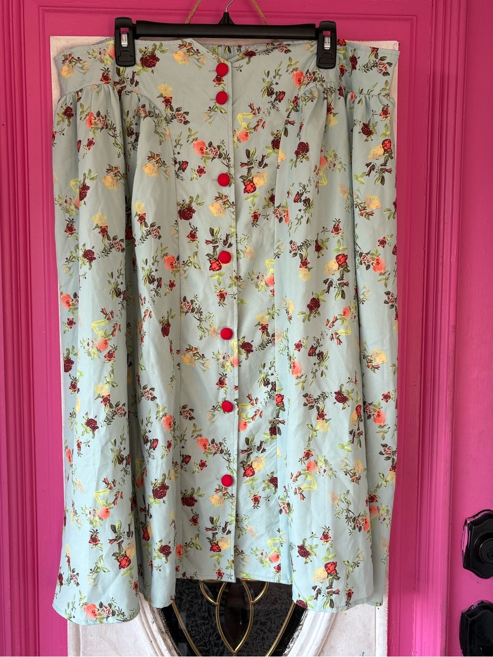 Light Blue Floral Button-Front Midi Skirt with Red Buttons
